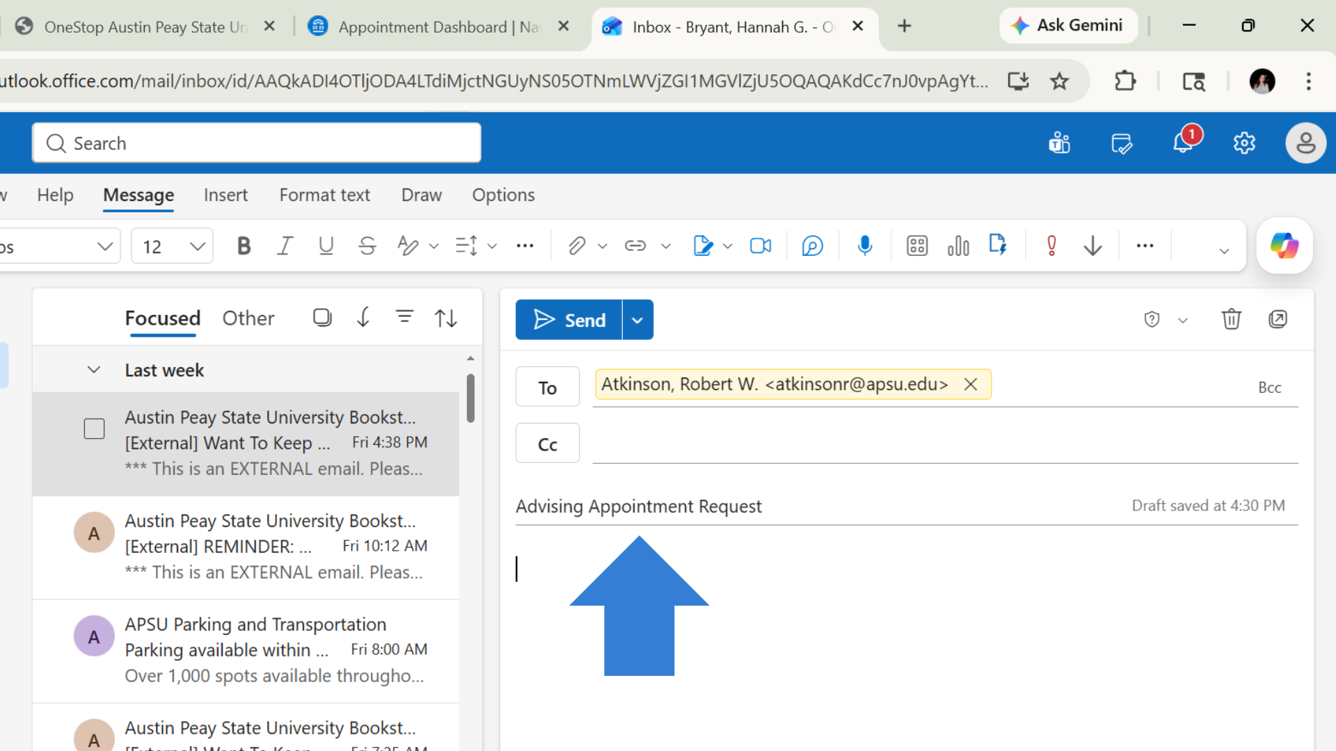Show an example subject line in the message window.